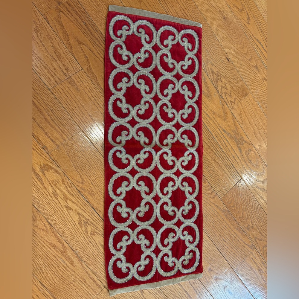 Pier 1 Imports Orangey Red Velvet Table Runner Silver Scroll Embroidery 14x36